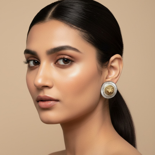 Two-tone stud earrings featuring a gold lion emblem with silver border.