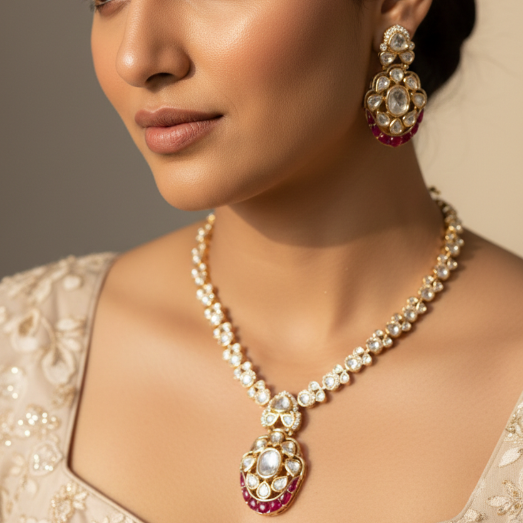 Royal Moissanite Ruby Drop Necklace Set – Gold Plated Bridal Jewelry