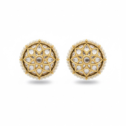 Gold Floral Pearl and Kundan Stud Earrings