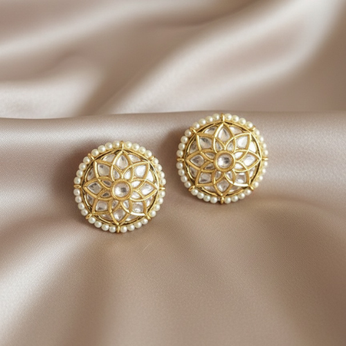 Round gold floral stud earrings with pearl border and kundan-style stones
