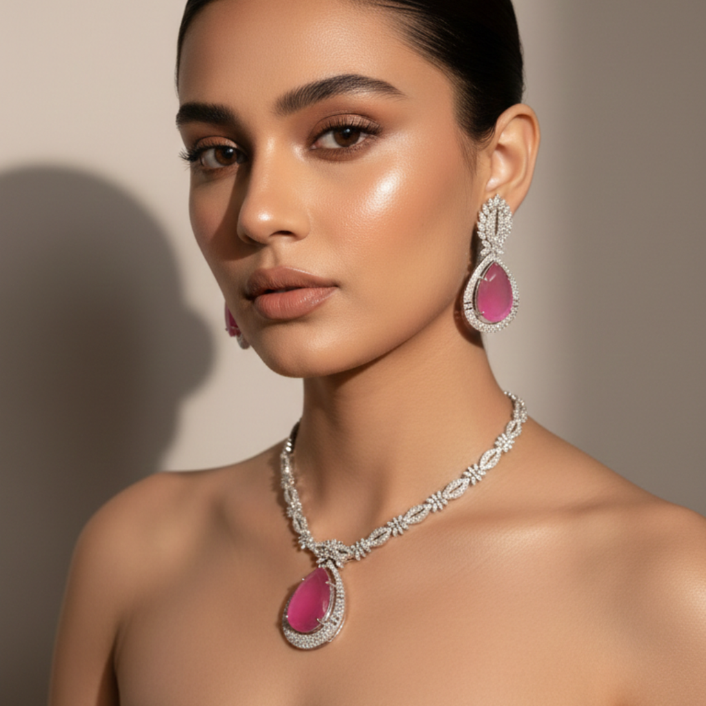 Blush Pink Zircon Teardrop Necklace with Diamond Finish