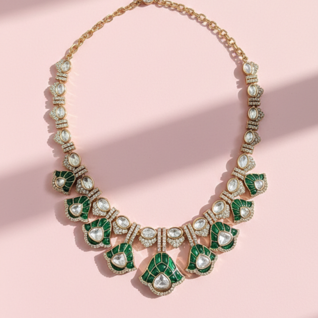 Emerald Green Moissanite Necklace Set – Gold Plated Bridal Jewelry