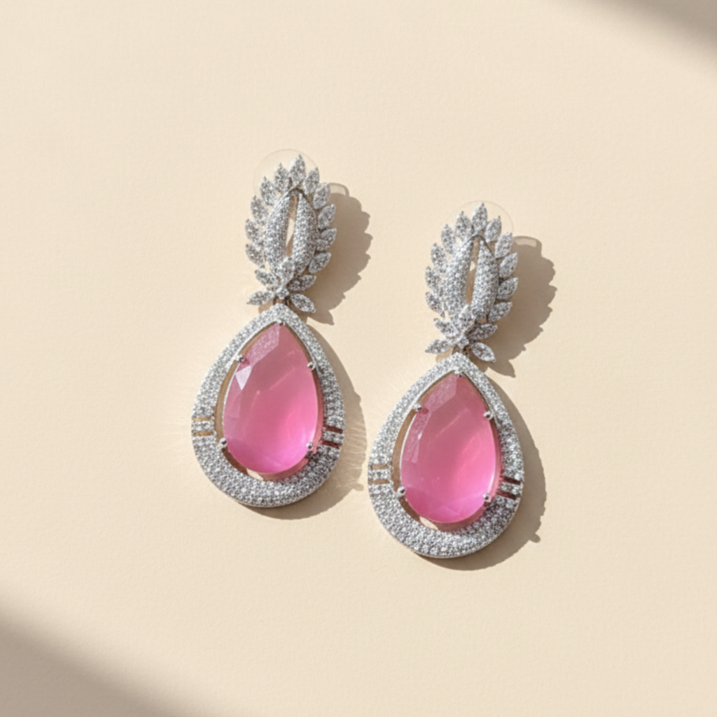 Blush Pink Zircon Teardrop Necklace with Diamond Finish