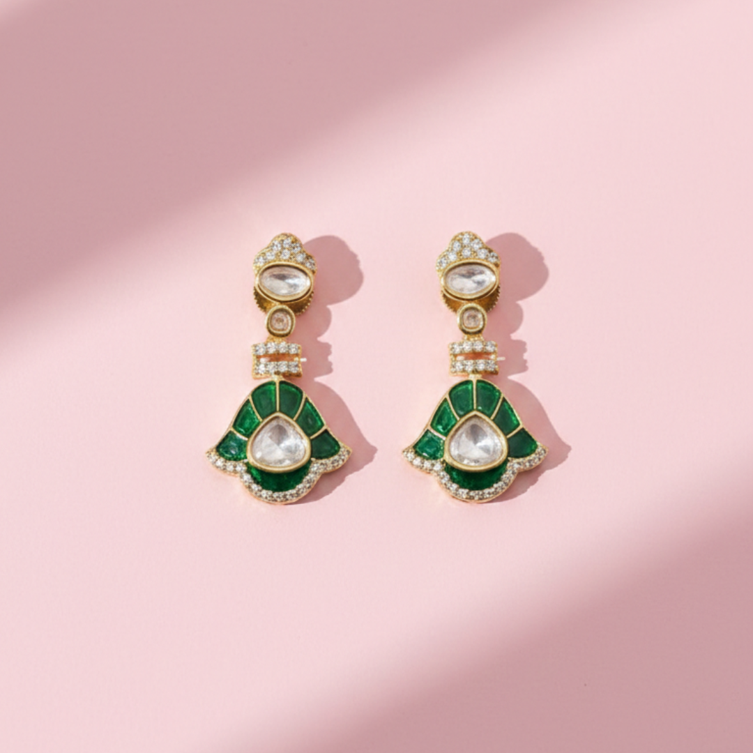 Emerald Green Moissanite Necklace Set – Gold Plated Bridal Jewelry