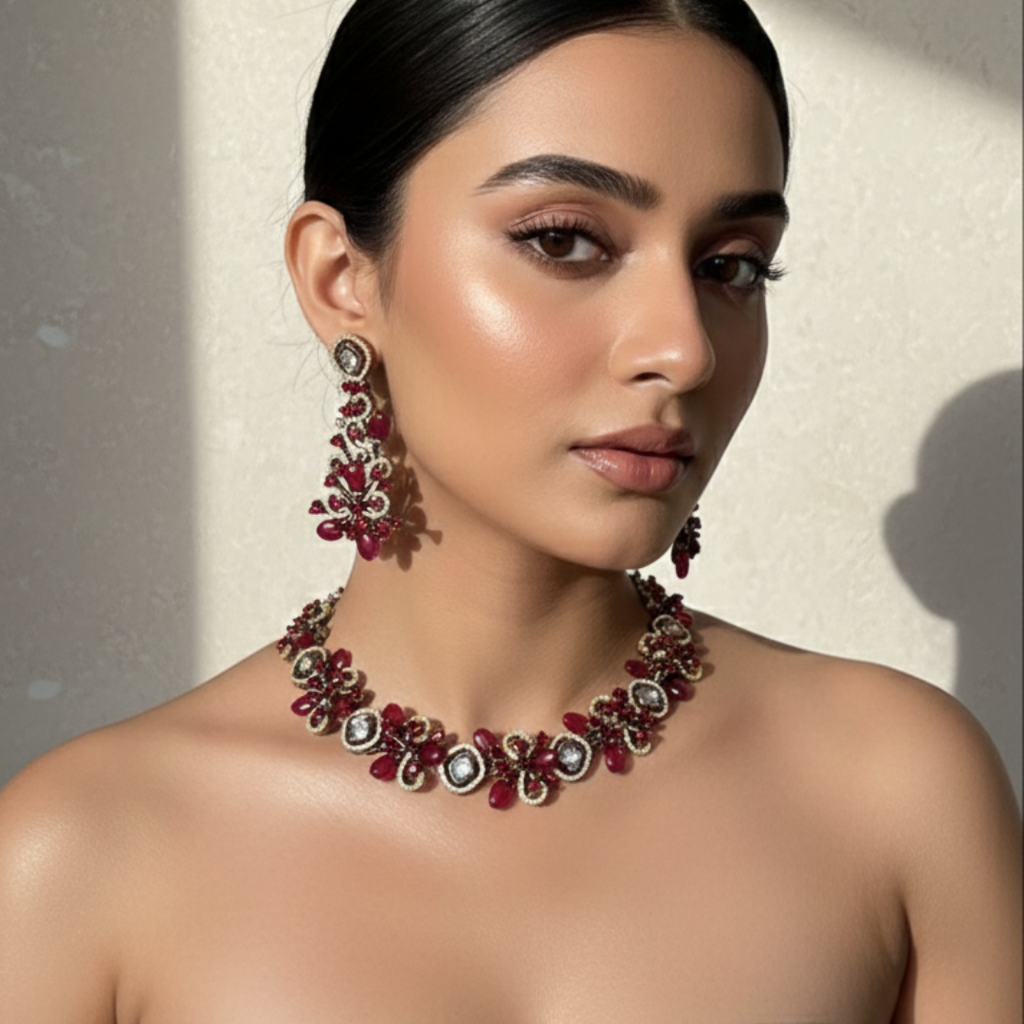 Ruby Red Zircon Floral Statement Necklace