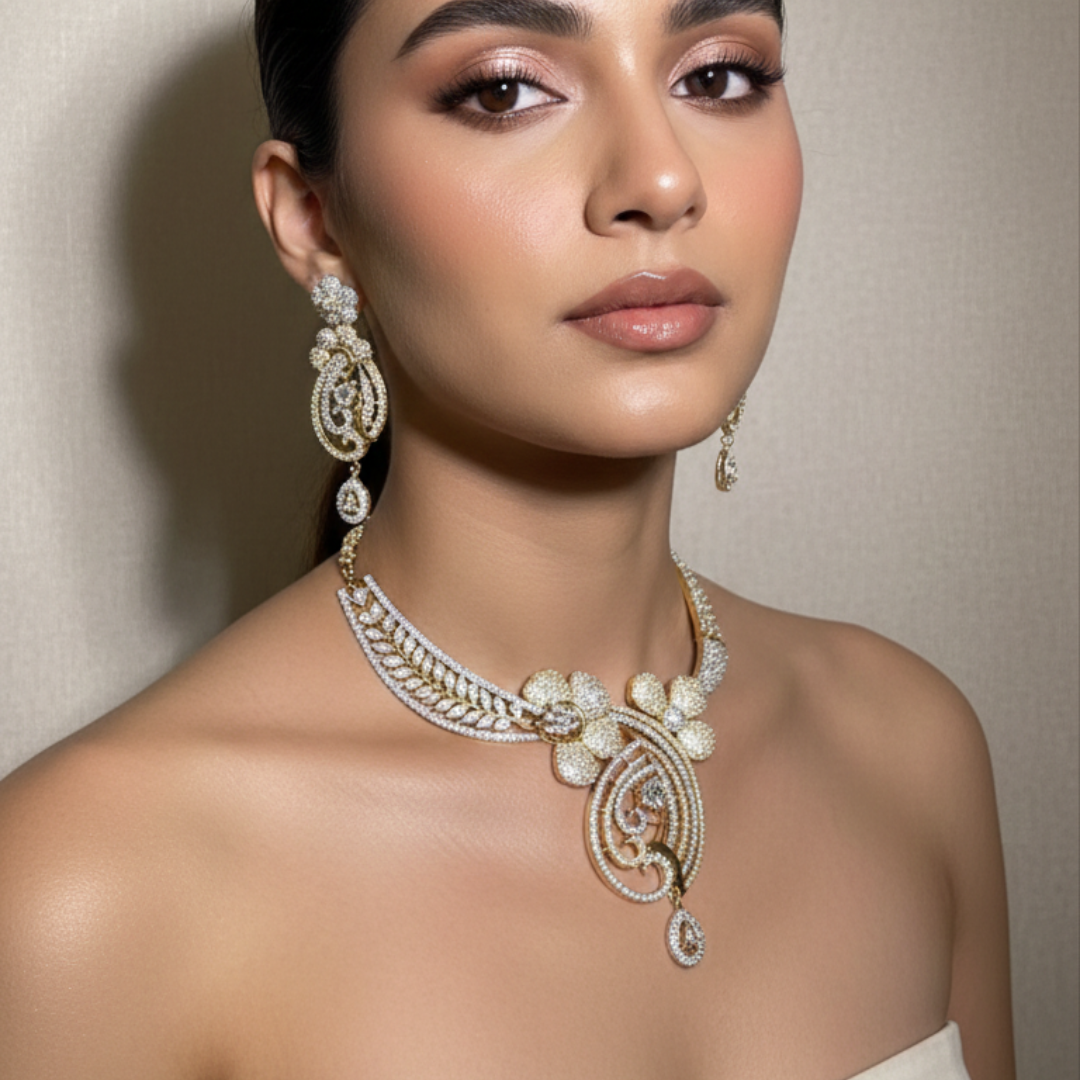 Gold Finish Floral Zircon Statement Necklace with Diamond Sparkle