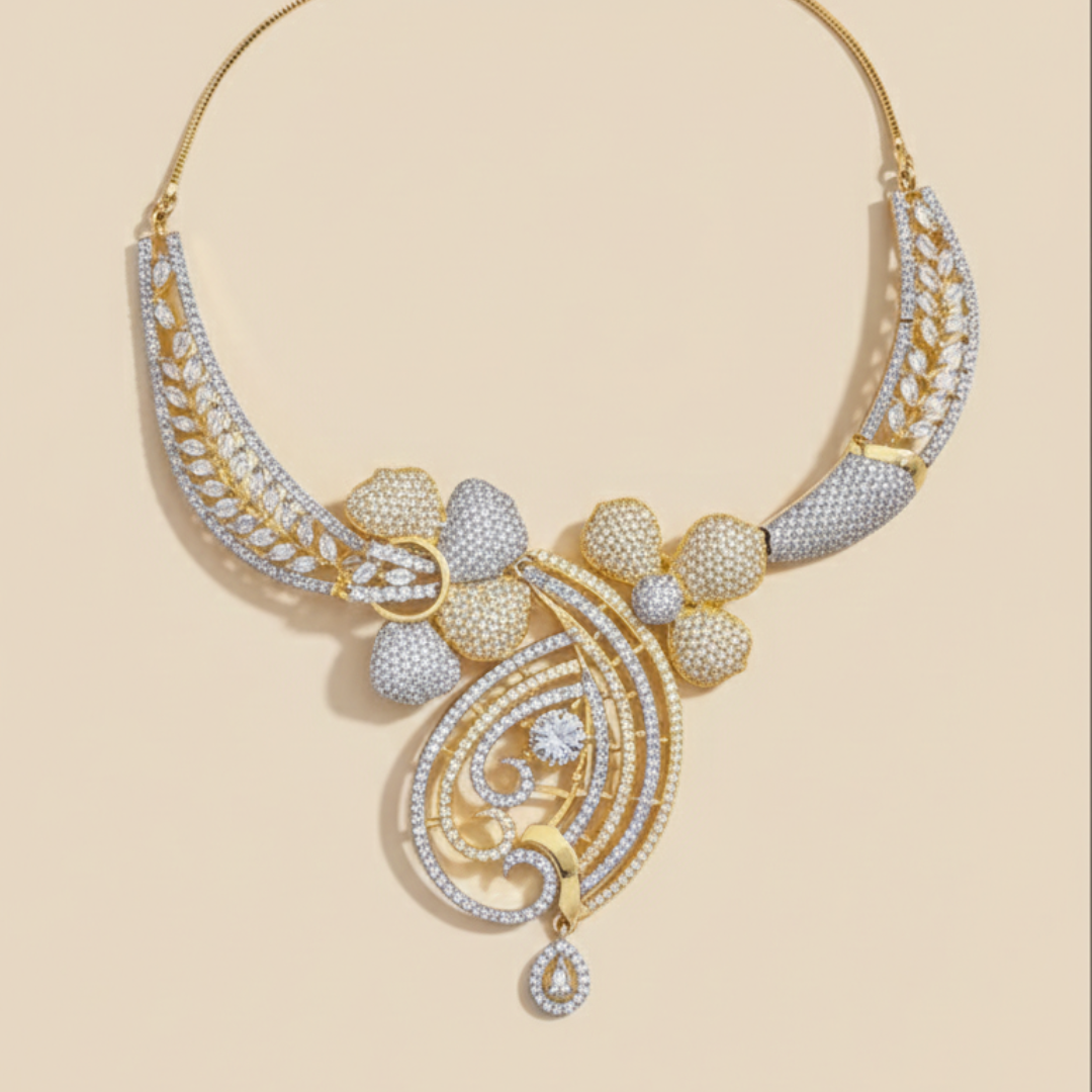 Gold Finish Floral Zircon Statement Necklace with Diamond Sparkle