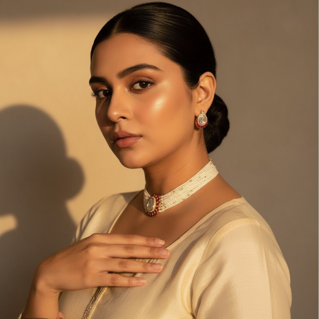 Model wearing pearl choker set with off-white outfit, showcasing elegant neckline styling