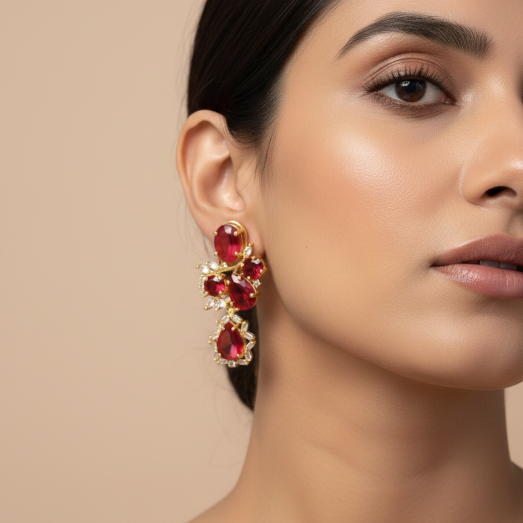 Red Zircon Drop Earrings with Gold Finish
