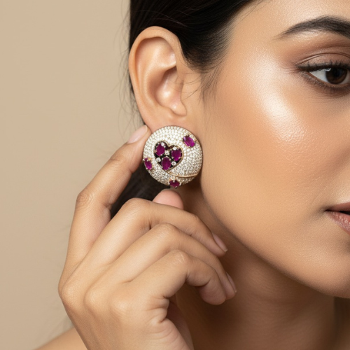 Sparkling Heart-Design Ruby Stud Earrings