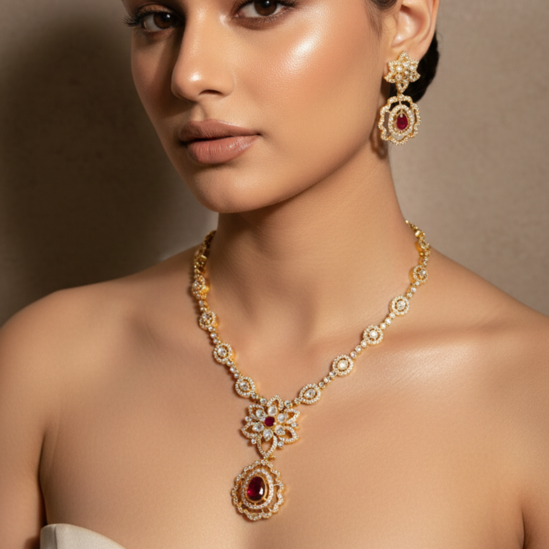 Royal Ruby Floral Gold-Plated Necklace Set