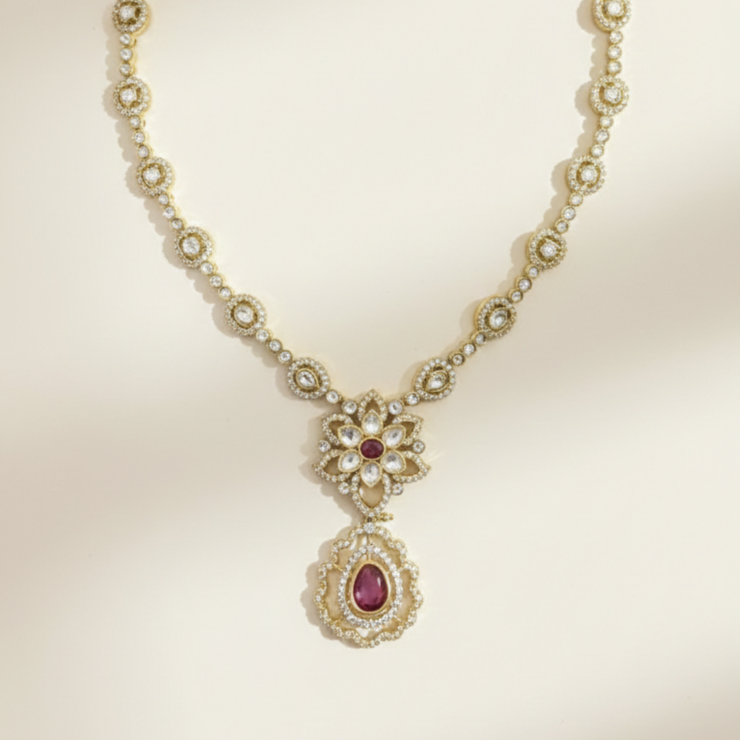 Royal Ruby Floral Gold-Plated Necklace Set
