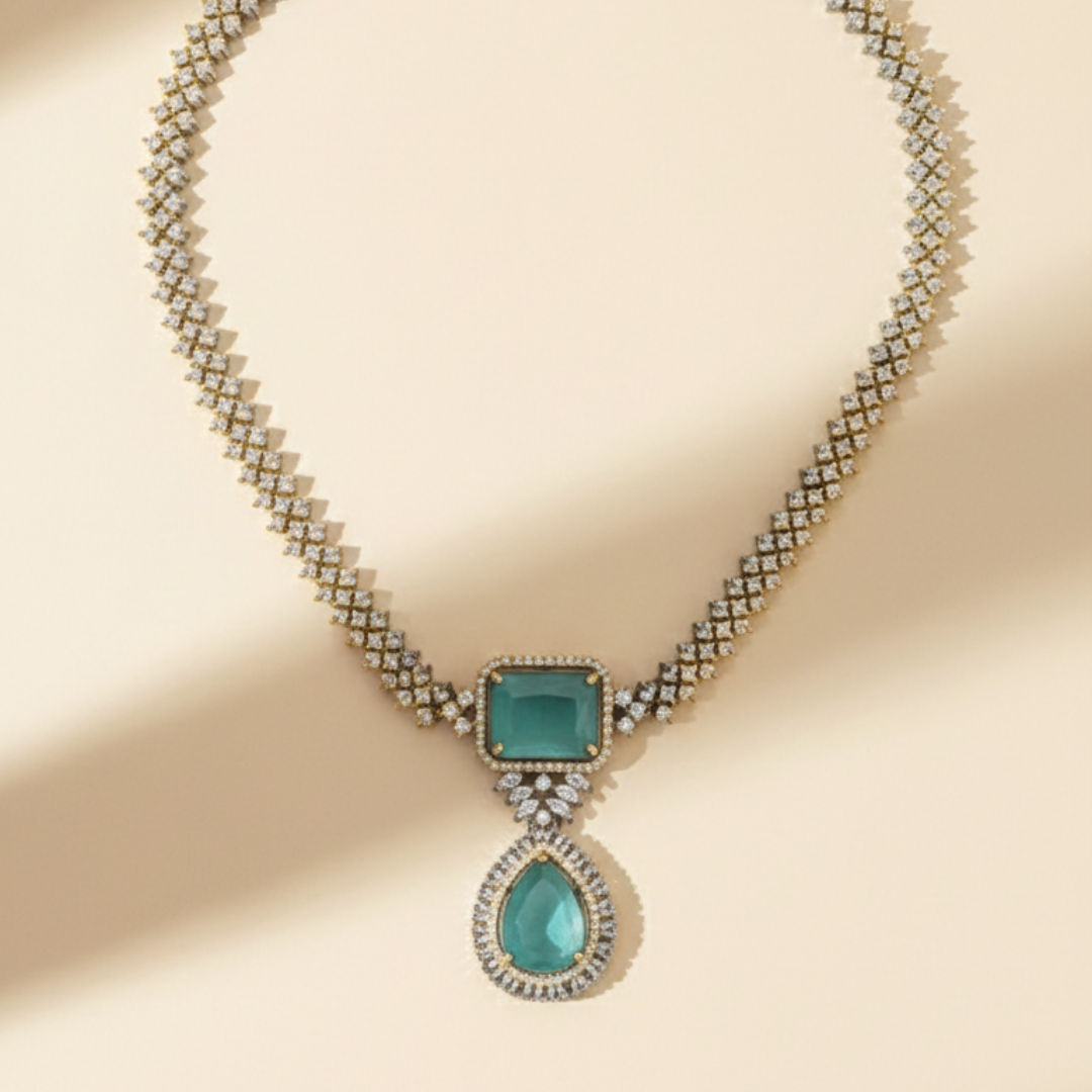 Emerald Green Teardrop Diamond-Style Necklace Set