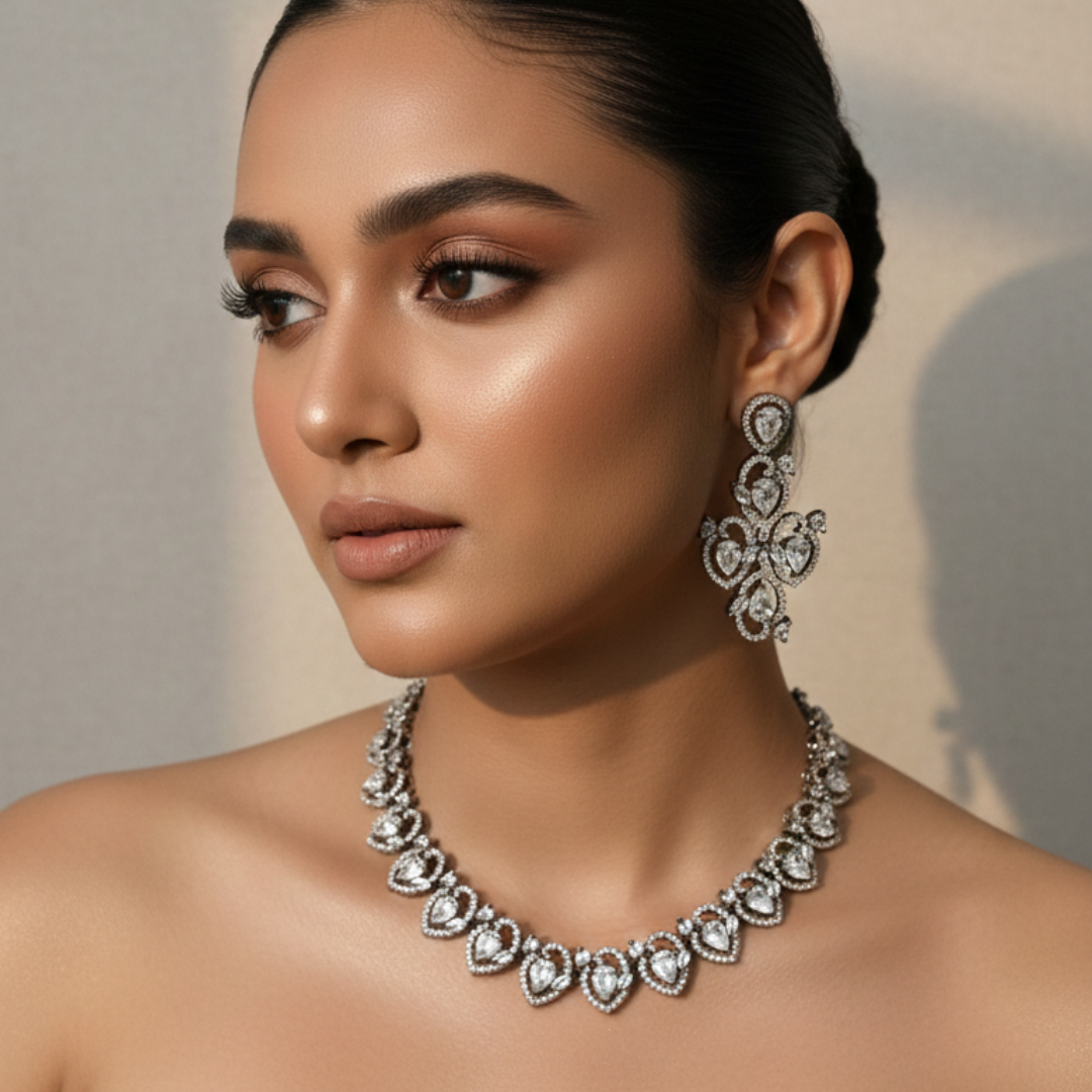 Elegant Teardrop Diamond-Style Silver Necklace Set