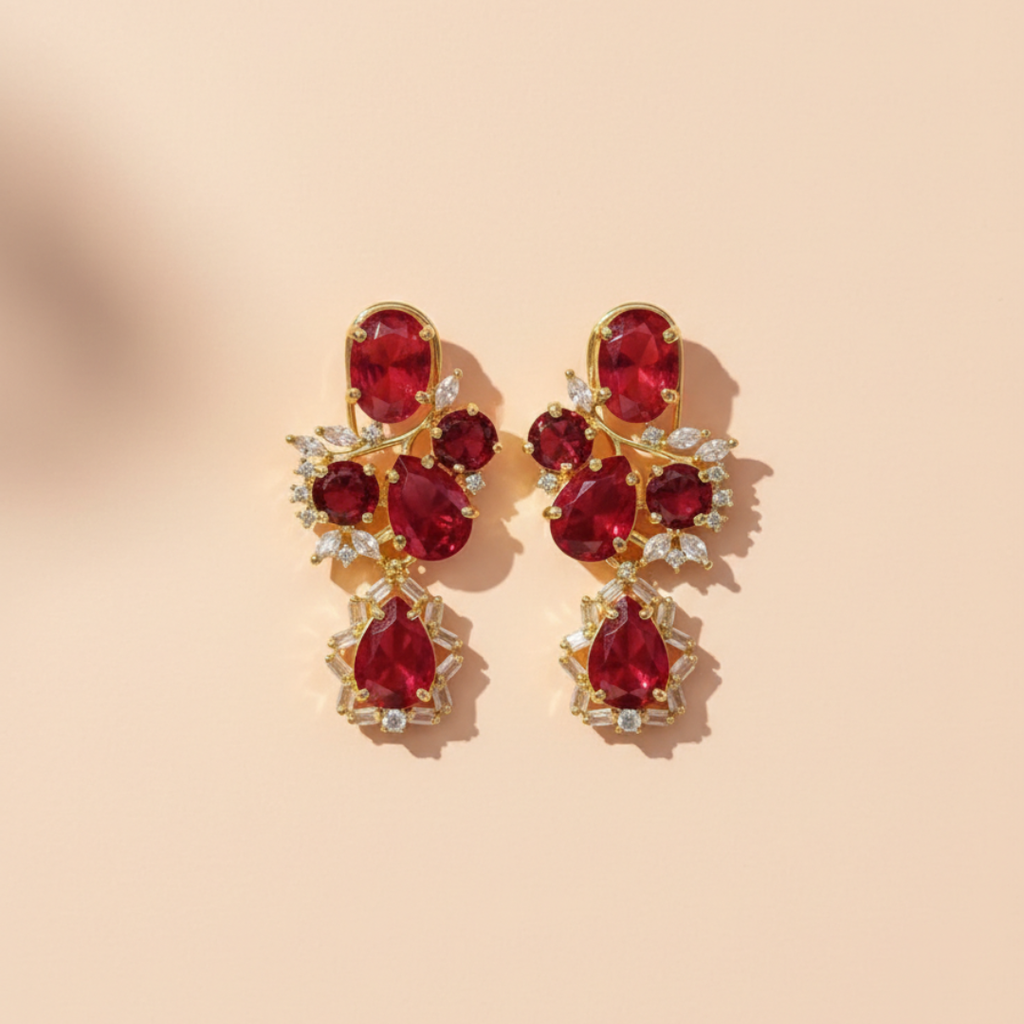 Red Zircon Drop Earrings with Gold Finish