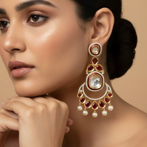 Handcrafted Kundan & Ruby Bridal Earrings with Pearl Drops