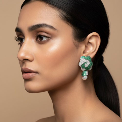 Green Floral Statement Stud Earrings with Pearls