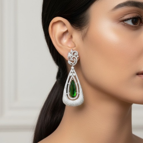 Green Crystal Teardrop Statement Earrings