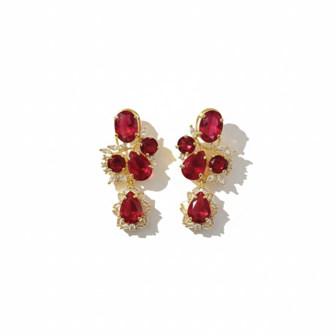 Red Zircon Drop Earrings with Gold Finish