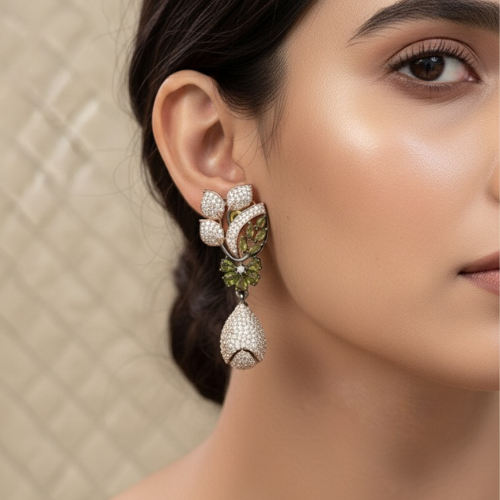 Rose Gold Floral Drop Earrings with Green Stones