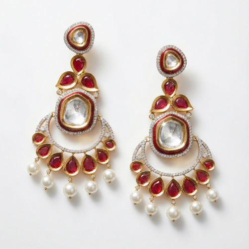 Handcrafted Kundan & Ruby Bridal Earrings with Pearl Drops