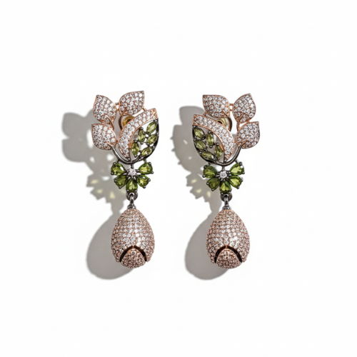 Rose Gold Floral Drop Earrings with Green Stones