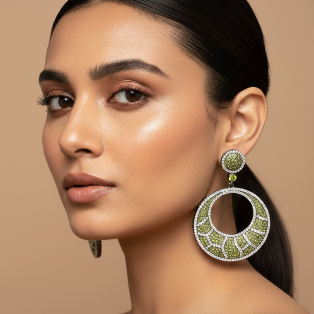 Green Zircon Circular Statement Earrings with Diamond Finish | Party Wear Jewelry