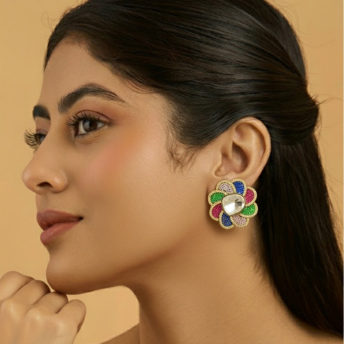 Multicolour Big Round American Diamond Stud Earrings with Back Clips