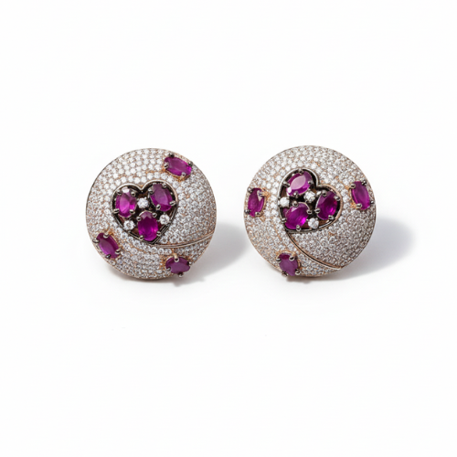 Sparkling Heart-Design Ruby Stud Earrings