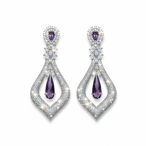 Luxury Diamond-Shaped Silver Drop Earrings with Purple Gemstones