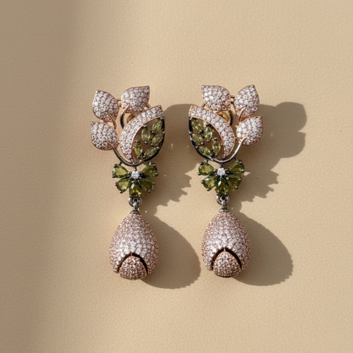 Rose Gold Floral Drop Earrings with Green Stones
