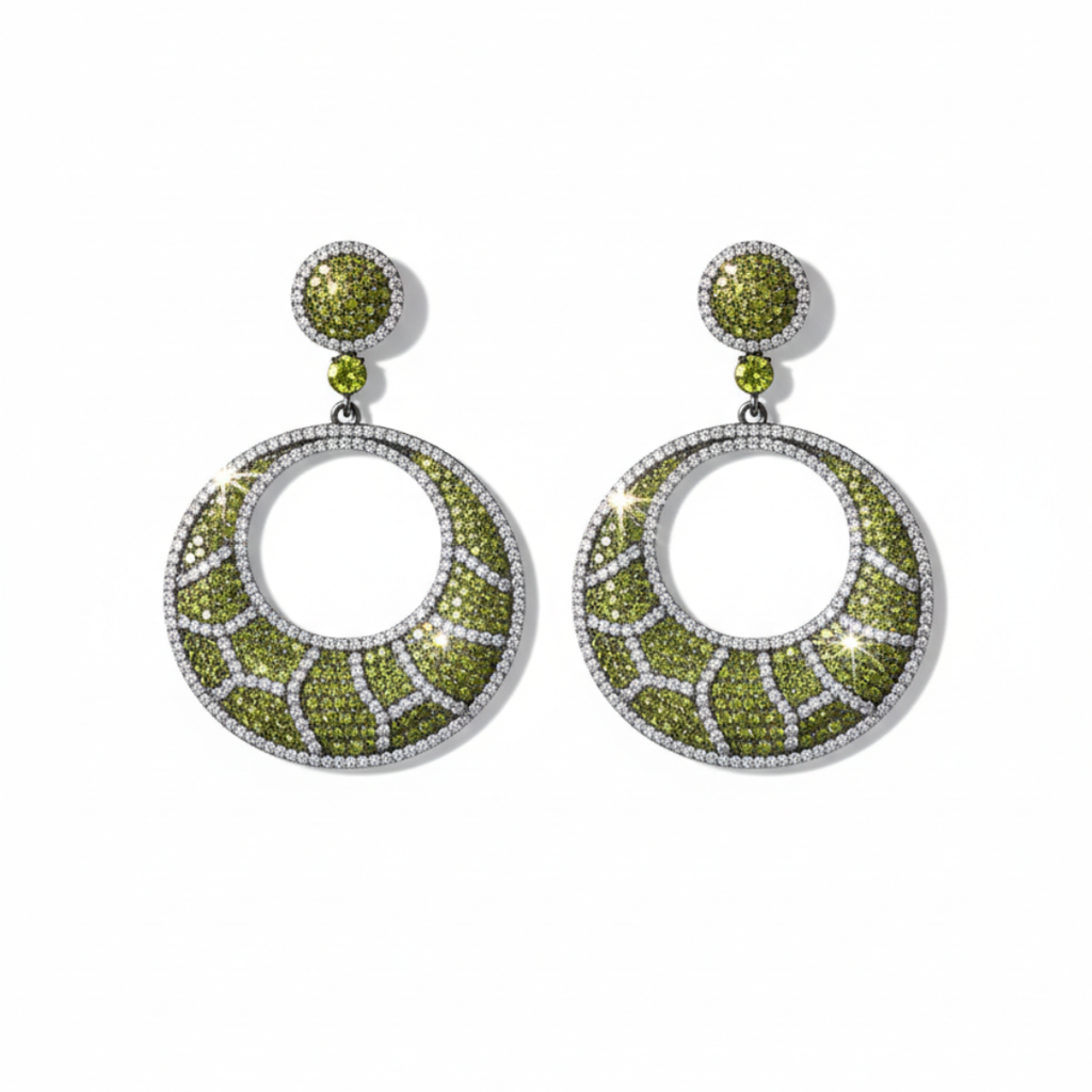 Green Zircon Circular Statement Earrings with Diamond Finish | Party Wear Jewelry