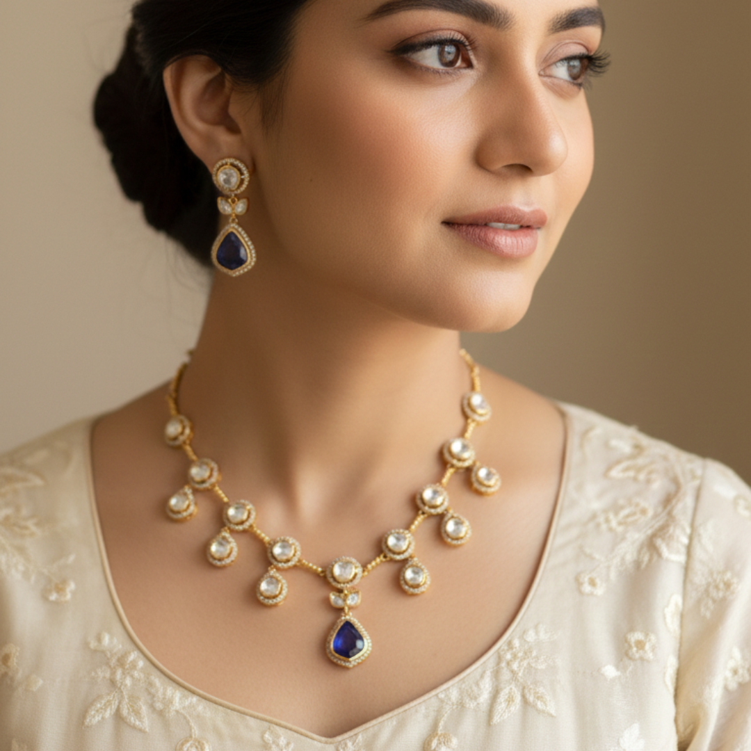 Royal Blue Moissanite Drop Necklace Set – Gold Plated Bridal Jewelry