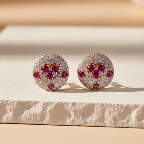Sparkling Heart-Design Ruby Stud Earrings
