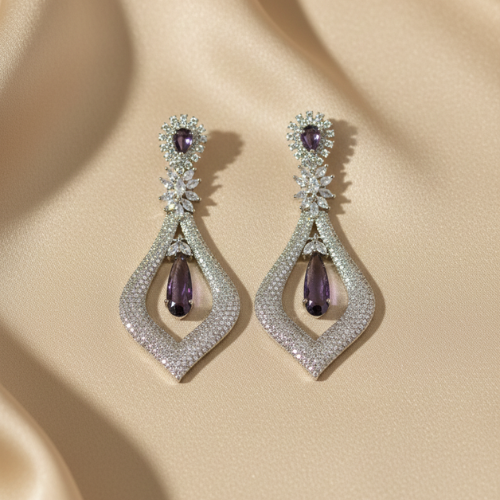 Luxury Diamond-Shaped Silver Drop Earrings with Purple Gemstones