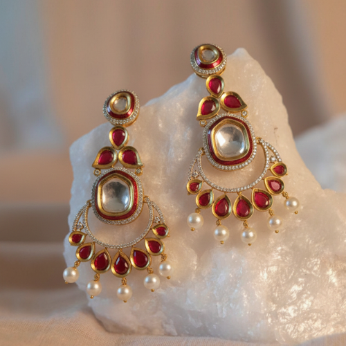 Handcrafted Kundan & Ruby Bridal Earrings with Pearl Drops