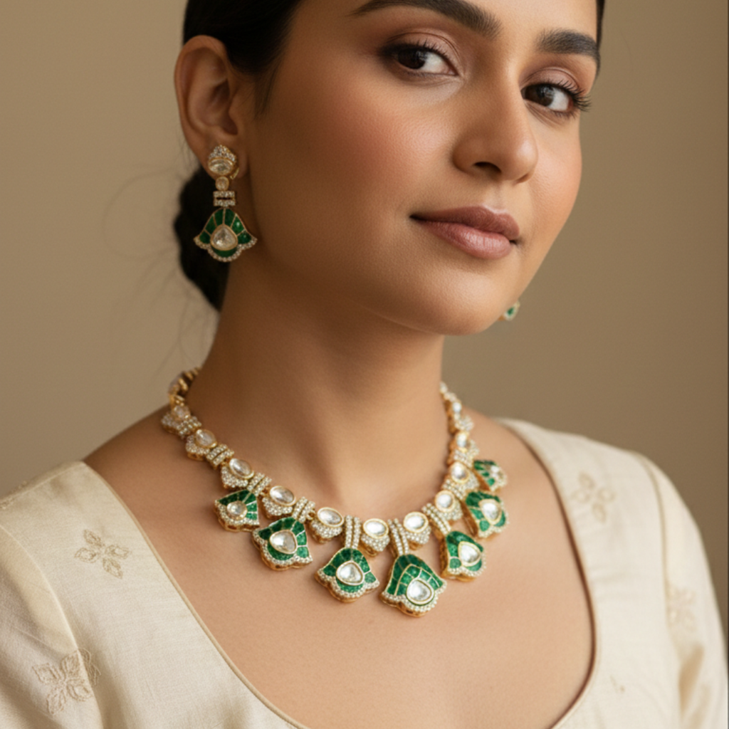 Emerald Green Moissanite Necklace Set – Gold Plated Bridal Jewelry