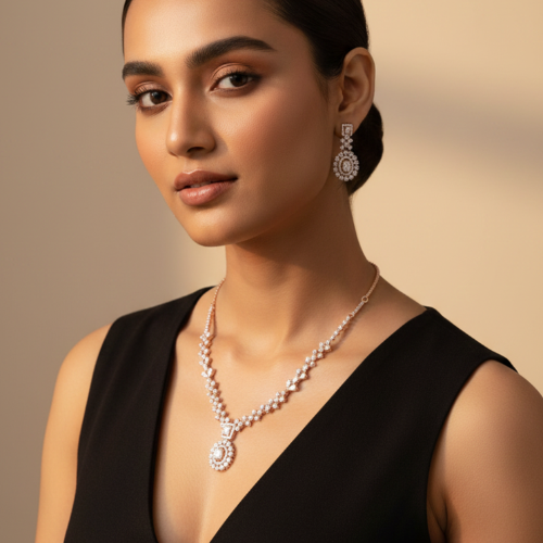 Elegant rose gold plated zircon necklace set worn by a woman in a black outfit, featuring sparkling stones and matching earrings