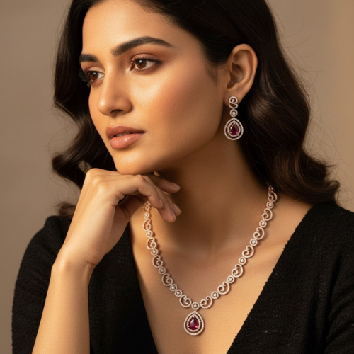 rose gold plated copper necklace set with zircon stones displayed on satin fabric, featuring a floral-inspired design with matching earrings