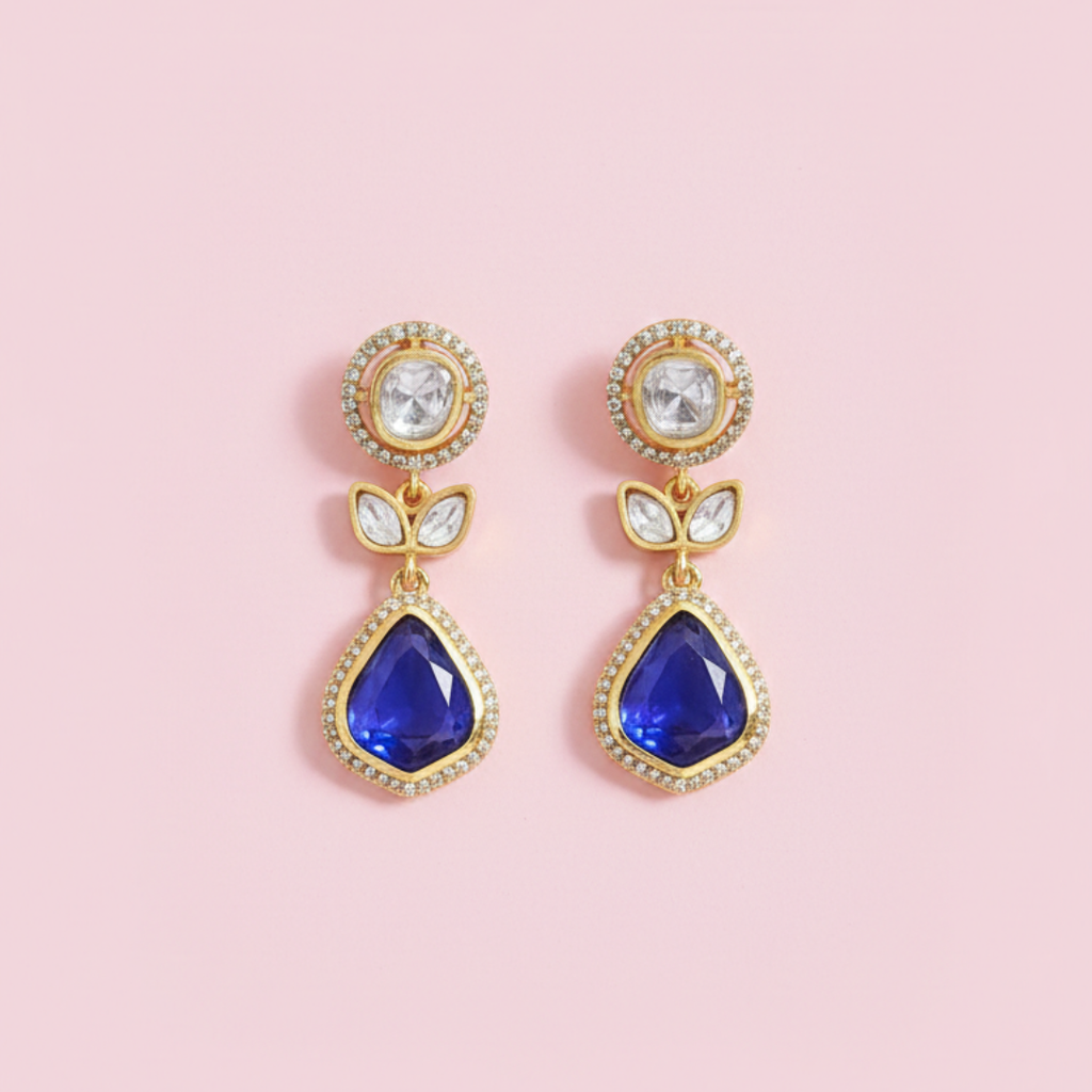 Royal Blue Moissanite Drop Necklace Set – Gold Plated Bridal Jewelry
