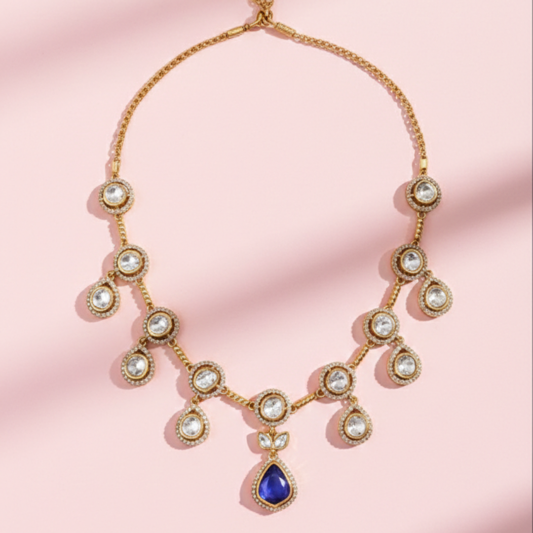 Royal Blue Moissanite Drop Necklace Set – Gold Plated Bridal Jewelry