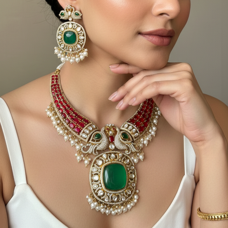 Woman wearing a luxurious necklace and earrings with green and red stones.