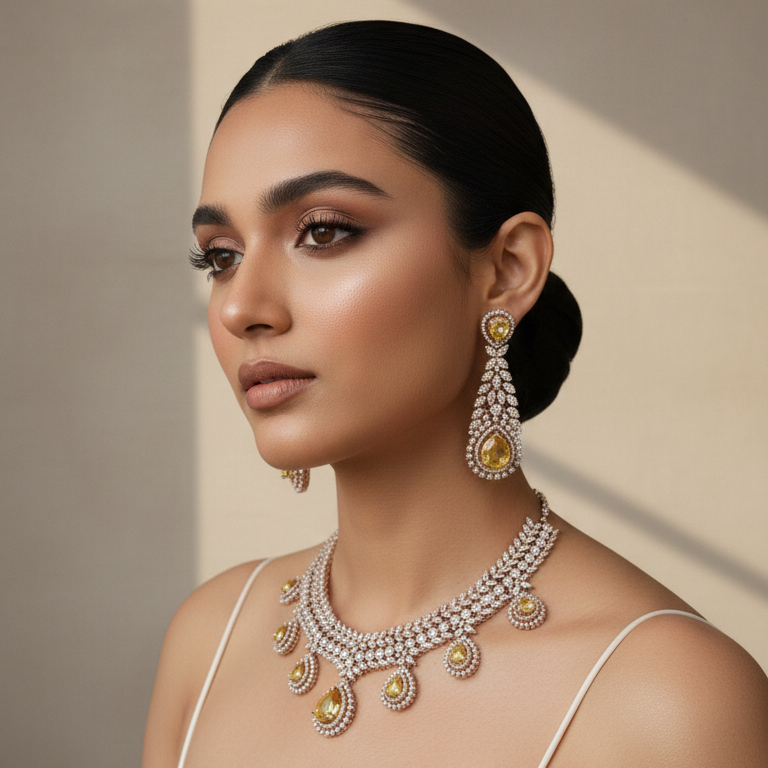 Woman wearing a diamond necklace and earrings against a neutral background