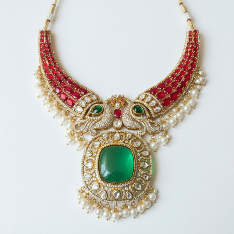 Decorative necklace with red and green stones on a white background
