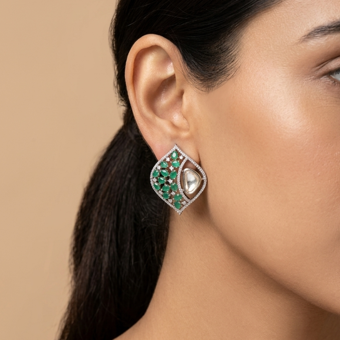 Emerald Green Zircon Statement Stud Earrings for Ethnic Wear