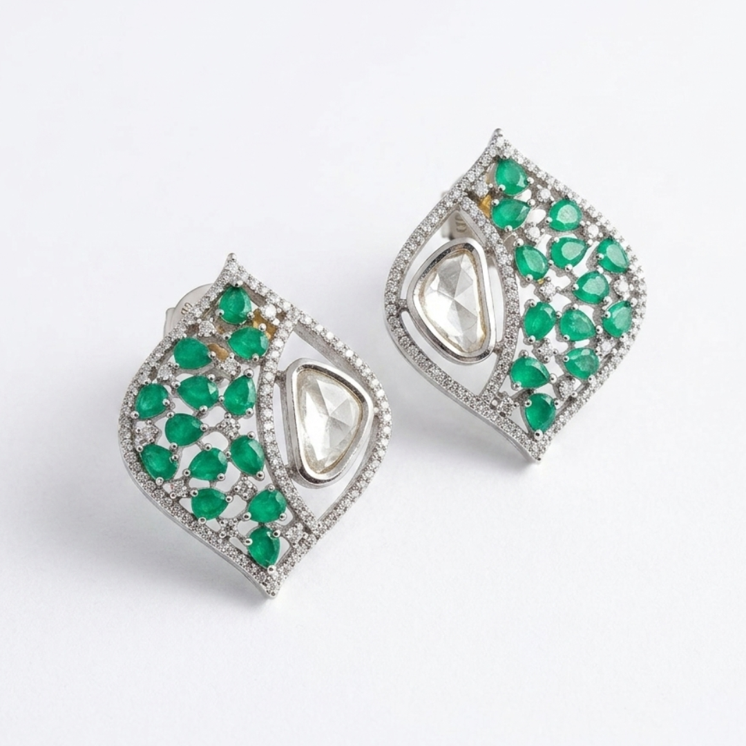 Emerald Green Zircon Statement Stud Earrings for Ethnic Wear