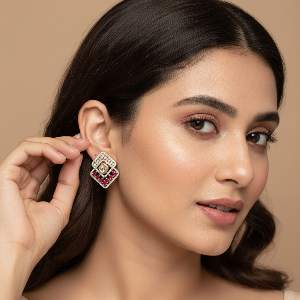 Geometric Pink Stone American Diamond Stud Earrings