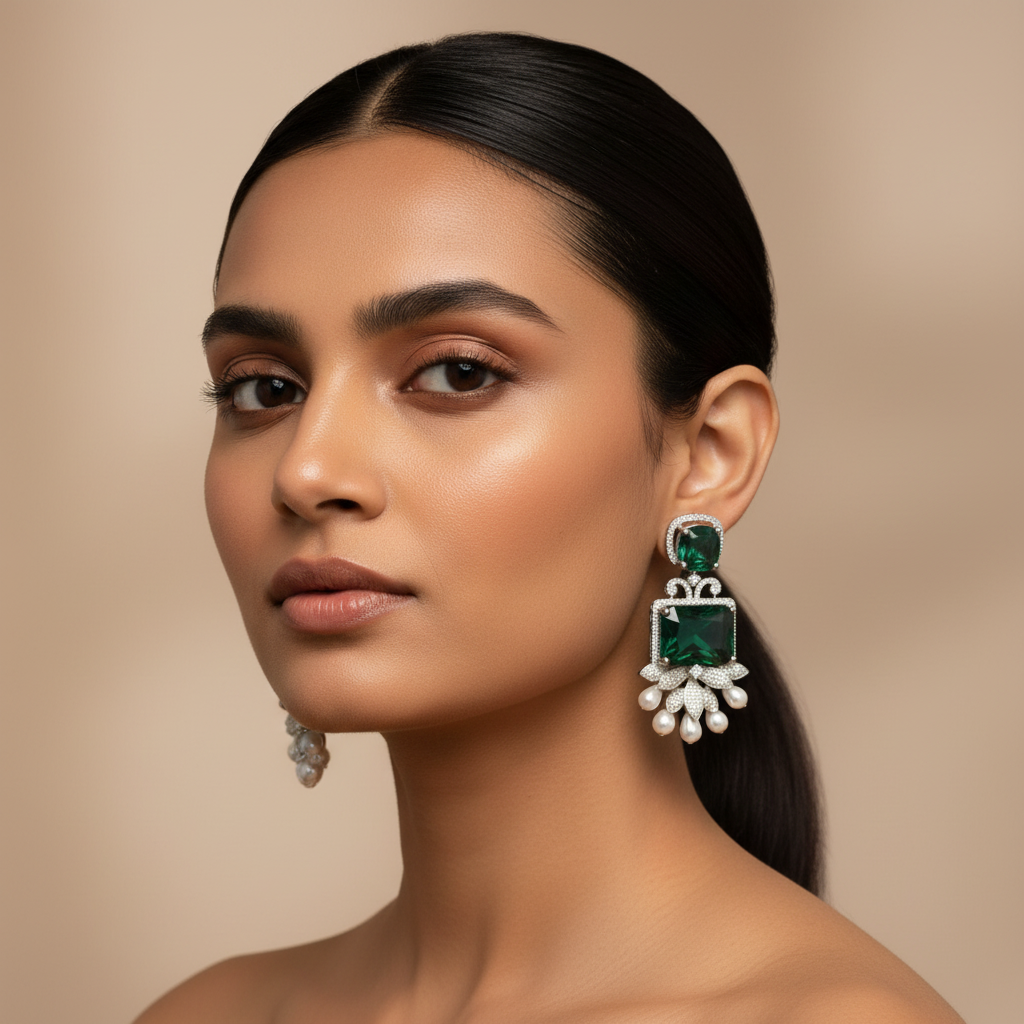 Green Glass Stone American Diamond Earrings with Pearl Drops