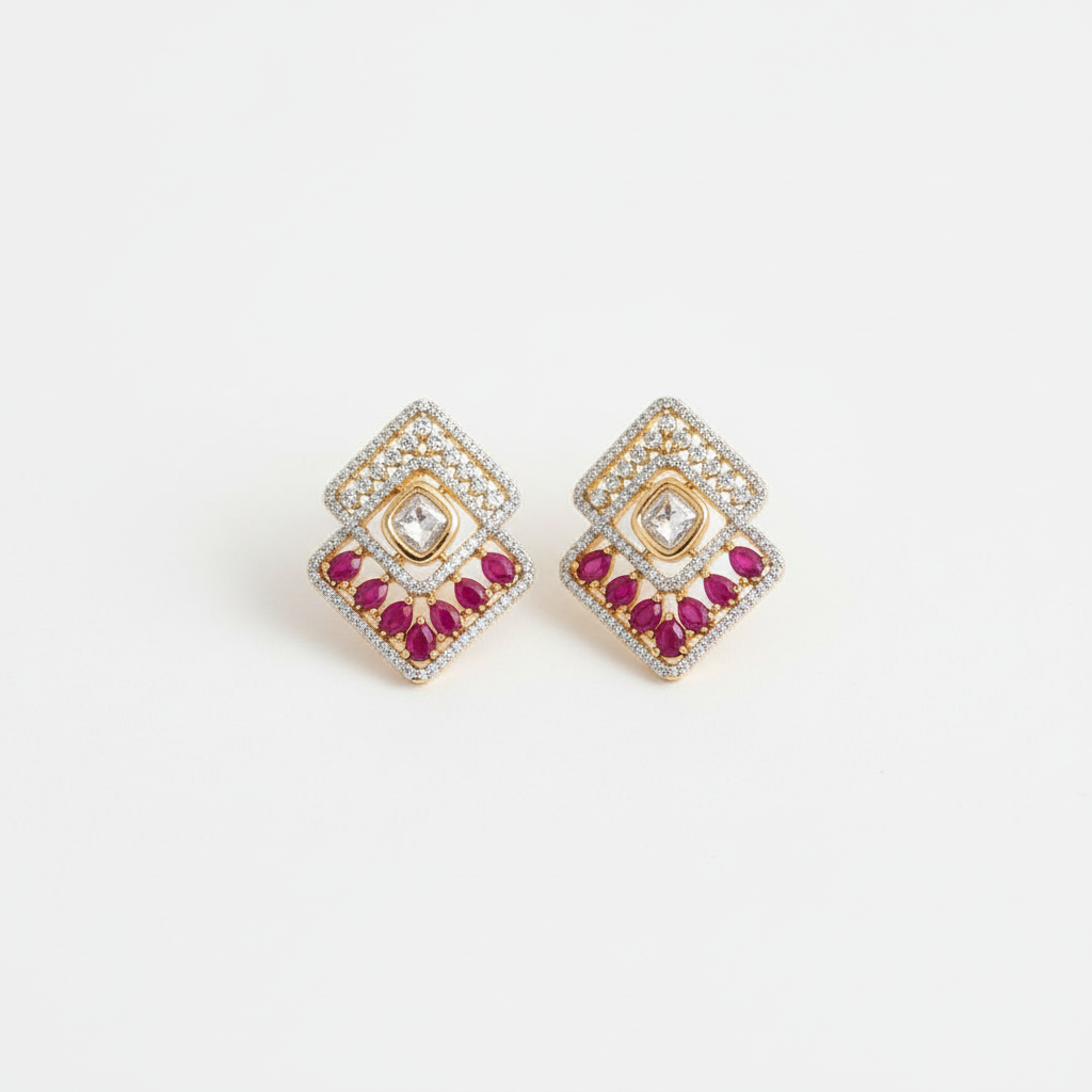 Geometric Pink Stone American Diamond Stud Earrings