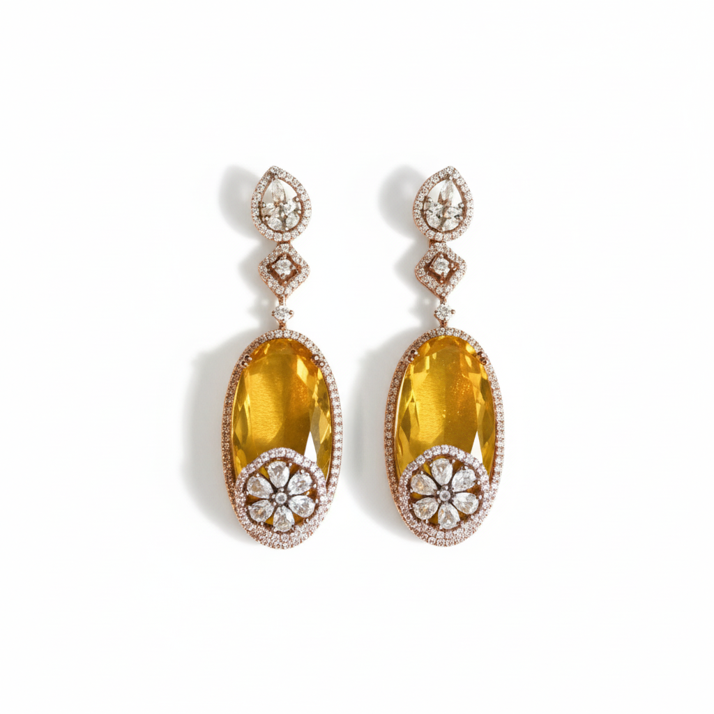 Yellow Glass Stone & American Diamond Drop Earrings